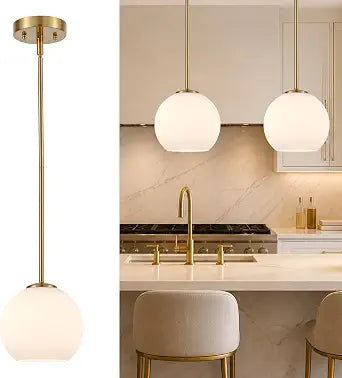 BTP Milk Glass Pendant Light, Brushed Brass Globe Pendant Lighting for Kitchen Island, Adjustable Height Hanging Light Fixture, Sloped Ceiling Compatible, E26 Pendant Lamp for Dining Room Hallway,Gold