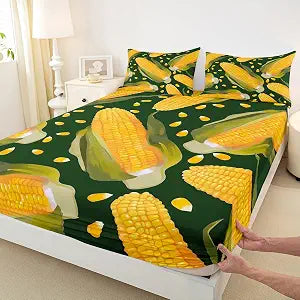 Homewish Fresh Corn Sheet Set 3D Ripe Corn Cobs Printed Fitted Sheet Exotic Style Design Bedding Set 2pcs for Kids Boys Girls Microfiber Bed Sheet Set (1 Fitted Sheet + 1 Pillow Case) Twin Size