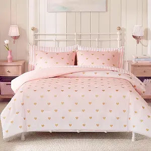 Twin Comforter Set for Girls-5 Pieces Gold Foil Hearts Twin Bedding Sets