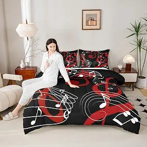 Musical Notes Comforter Set Queen Size,Red Black and White Bedding Set 3pcs for Kids Boys Girls Women Room Decor Abstract Music Theme Quilted Duvet Men Modern Soft Duvet Insert,2 Pillowcases