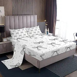 Cute Bowknot Girlish Sheet Full Size,Cartoon Bow-tie Princess Bedding Set,Girls Women Room Decor,Geometric Dots Zebra Stripes Black White Simple Bed Sheet Set 4pcs(Fitted + Flat + 2 Pillowcases)