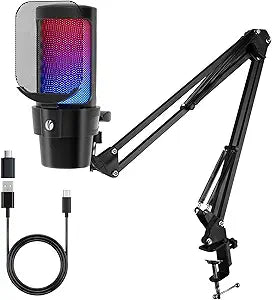 VCOM Gaming USB Microphone,Condenser Dynamic Boom Arm Mic for Podcasting,Streaming, with Boom Arm Stand,Quick Mute,Pop Filter,RGB Indicator,Shock Mount,Rotate gain Button, Compatible with PS4/5/PC