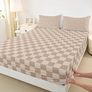 Check Fitted Sheets Full Size,Light Brown Checkered Bedding Set 3Pcs for Kids Teens Woman Men Room Decor,Geometric Grid Deep Pocket Sheet Modern Plaid Bed Cover,2 Pillowcases