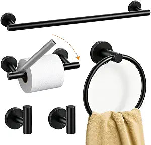 5 Piece Matte Black Bathroom Hardware Accessories Set, 24" Towel Bar Set