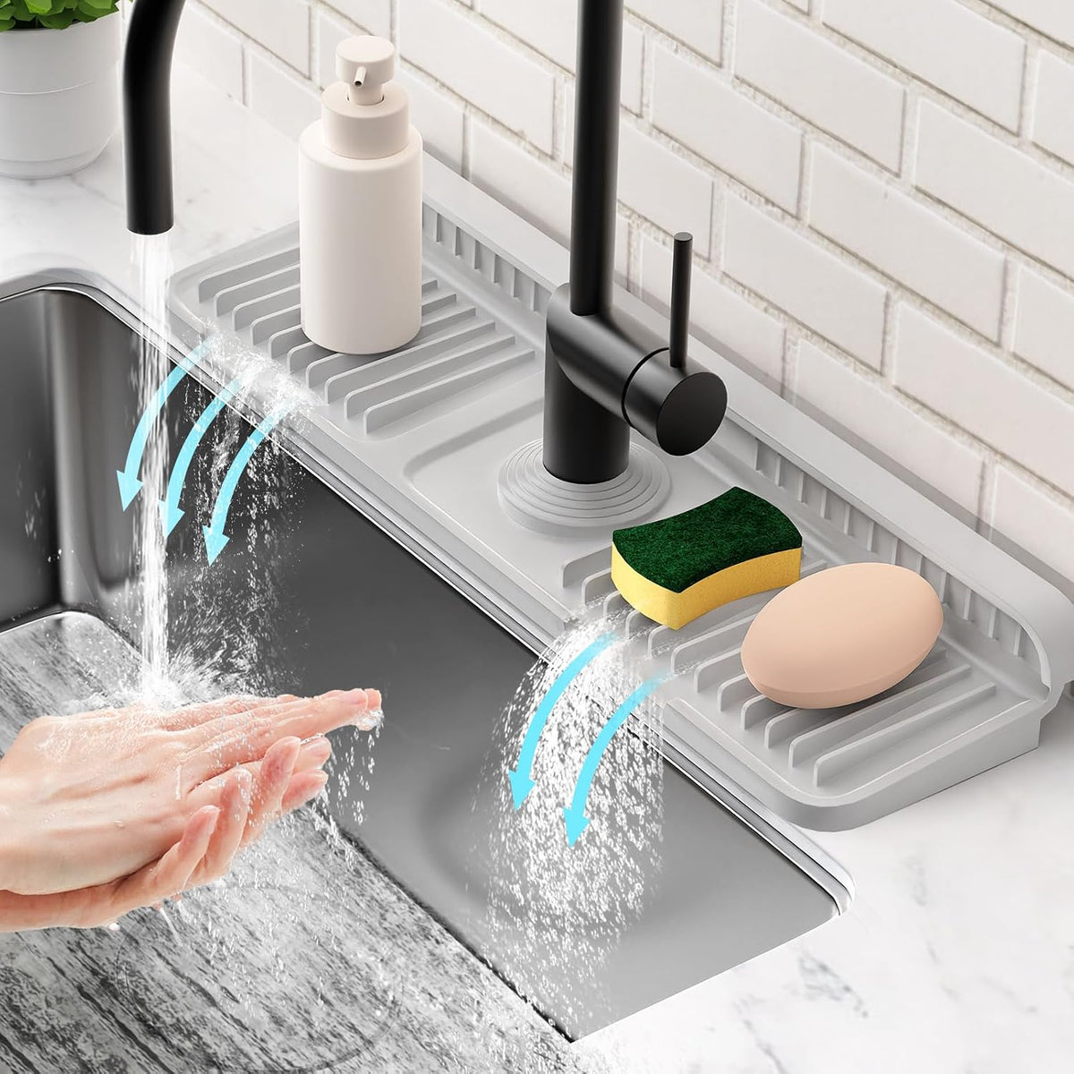 17.7'' Folding Faucet Mat for Kitchen Sink Splash Guard[7 Slope Fast Self-draining][Snap Lock Fit] Kitchen Sink Faucet Mat Splash Guard Kitchen Sink Area Water Splash Guard Behind Faucet Draining Mat