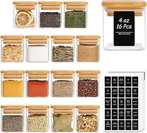 ComSaf Square Glass Spice Jars with Labels 4 oz 16 Pack with Bamboo Lids