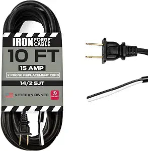 Iron Forge Cable 14 AWG Replacement Power Cord, 2 Prong Open End, 10 Ft