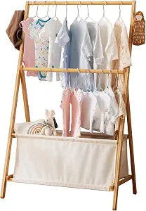 Baveke Bamboo Kids Clothing Rack With Storage- Baby Dress Up Clothes Rack