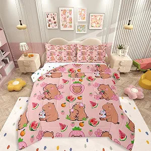 Capybara Lover Bedding Set, Capybaras Decor Comforter Set Twin For Kids Girls Bedroom, Cartoon Rodent Animals Quilted Duvet Capybara Decorations Watermelon Strawberry Duvet Insert Kawaii Decor, Pink