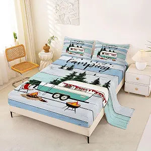 Feelyou Camper Bed Sheets Sets Queen Size Kids Boys Girls Happy Camping Bedding Set Camper Accessories for Travel Trailers Bed Sheet Set with 16-Inch Deep Pockets 4Pcs with 2 Pillow Cases