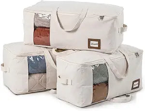 Cotton Canvas Storage Bags for King/Queen Comforters, Bedding, 3Pack, Beige