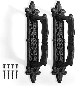 Peohud 2 Pack Heavy Duty Barn Door Handle, 9 Inches Cast Iron Rustic Gate Handle, Antique Black Carved Door Pull for Garages Sheds Closet Drawer Cabinet Fence Outdoor Farmhouse