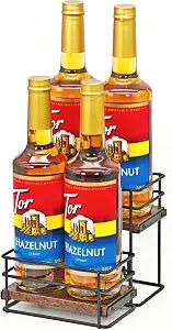 4 Bottle Coffee Syrup Organizer Rack, 2 Tier Coffee Syrup Bottle Stand Holder for Coffee Bar, Installation-free, Liquor Bottle Display Shelf, Coffee Syrup Shelf for Liquor Whiskey Wine Display