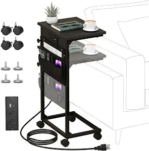 Adjustable Height Couch Table with USB-C Charging Station (Black)