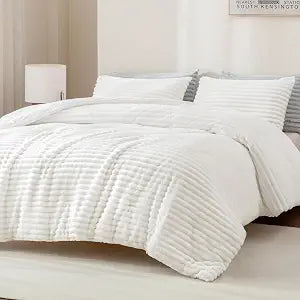 Andency Fluffy Queen Size Comforter Set, White Fleece Faux Fur Bedding Set