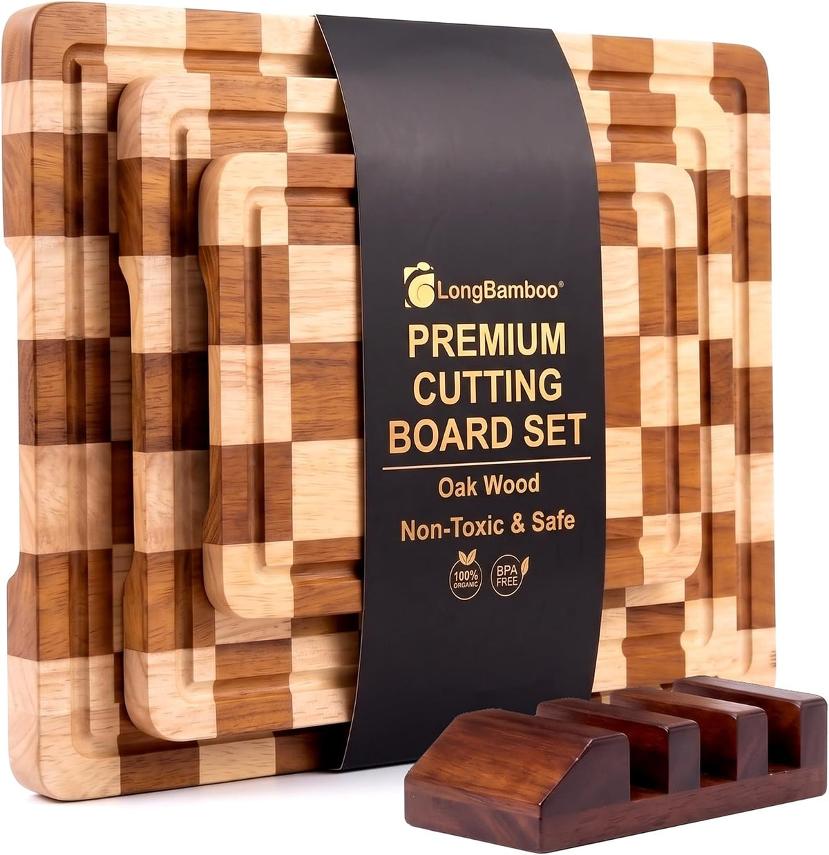 Checkered Oak Wood Cutting Board Set of 3, Cutting Boards for Kitchen