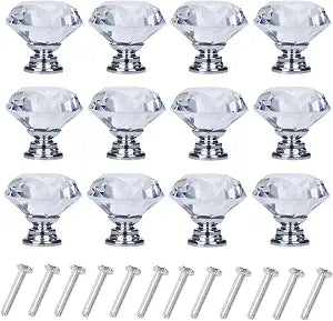 YourGift 12 Pack Drawer Knobs Diamond Shaped Crystal Glass 30mm Cabinet Knobs Pull Handles (Silver)