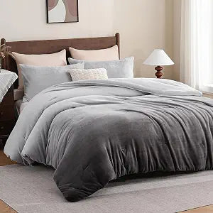 Bedbay Ombre Gray Velvety Fleece Comforter Set Queen Size Ultra Soft Plush Bedding Gradient Grey Thick Warm Cozy Flannel Bedding Set 3 Pcs for All Seasons