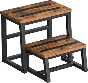 HOOBRO Wooden Step Stools, Two Step Stools for Kids, 3-in-1 Heavy Duty Stepping Stools for High Beds, Metal Frame with Non-Slip Pads for Kitchen, Beds, Rustic Brown and Black BF26JD01