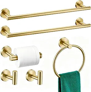 6 Pieces Brushed Gold Bathroom Hardware Accessories Set, SUS304 Stainless Steel 24 Inch Bath Towel Bar Set, Round Bathroom Towel Holder Set, Towel Racks for Bathroom Wall Mounted