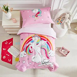 4 Pieces Toddler Bedding Set for Girls - Pink Unicorn Cartoon Stars Rainbow Print Cute Princess Bed in a Bag - Comforter Set, Fitted Sheet, Flat Sheet, Pillowcase