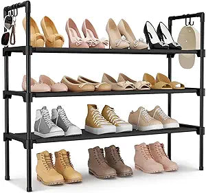 LANTEFUL 3 Tier Shoe Rack for Closet, Shoe Organizer with 5 Hooks, Long Shoe Shelf Storage for Sneaker and Boot Stackable Free Standing Shoe Rack for Entryway, Garage, Small Spaces, Dorm