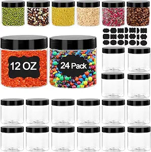 24 Pack 12 Oz Plastic Jars with Lids, Round Clear PET Jar with Black Lids, Extra Labels, Leakproof Plastic Empty Storage Jars for Dry Food, Candy, Crafts, Cosmetics Storage
