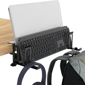Clamp On 2-Slot Vertical Laptop Stand for Desk Side,Headphone Hook(Black)