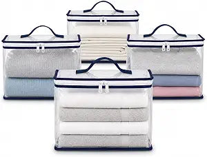 4 Pack Clear Zippered Storage Bags for Clothes, Double Zipper 16x12x4 In