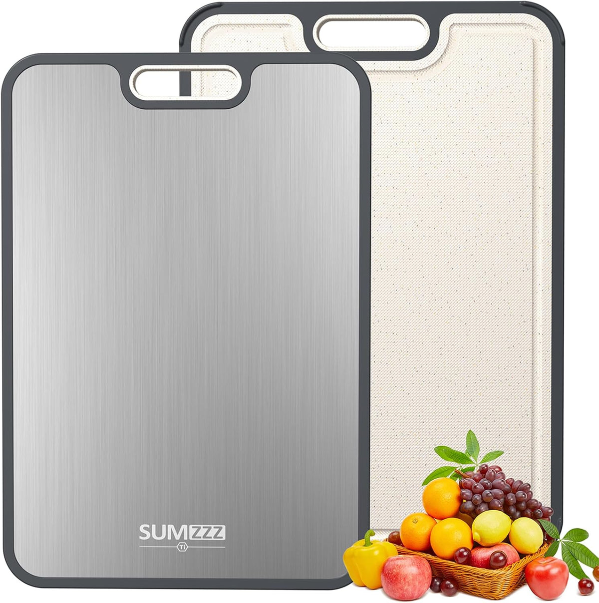 SUMZZZ Titanium Cutting Board, Food Grade Titanium/PP Dual-Sided Surface, Separate Prep Surfaces for Raw & Cooked Food, Odor Resistant, Easy to Clean