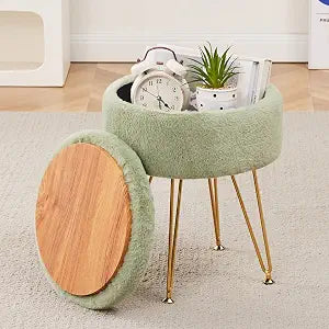 Footrest Footstools Round Faux Fur Ottoman with Storage Space Soft