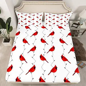 Kids Cute Bird Bed Sheet Set for Girls Boys Children Red Birds Cardinals Bedding Set Decor Black Tree Branches Fitted Sheet & Pillow Sham Set Farmhouse Country Bed Cover No Flat Sheet Full Size 3Pcs