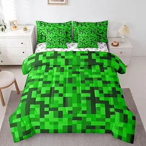 Erosebridal Black Green Pixel Plaid Full Comforter Set with Sheets 7 Piece Miners Games Checkered Bed in A Bag Abstract Camo Grids Bedding Sets for Kids Boys Teen,Gaming Geometric Bed Set
