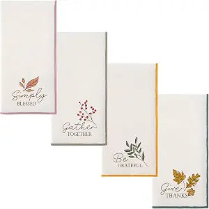 Karma, Merrowed Edge Cloth Dinner Napkins, Set of 4  Soft Reusable Fabric Napkins with Autumn Botanical Design for Thanksgiving, Harvest & Everyday Dining, Autumn