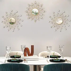 Uaussi 3 Pack Crystal Sunburst Wall Mirror Dcor Rhinestone Mirrors Decorative Home Wall Art for Living Room Bedroom Entryway(Flower+Sunburst Gold)
