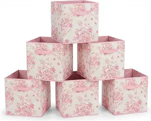 6 Pcs Pink Floral Cube Storage Bins 12.5 Inch Pink Flower Storage Basket with Handle, Preppy Girls Organizer Basket, Collapsible Fabric Box for Classroom Bedrooms Office Home Decoration (Flower)