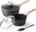 Kordisen Sauce Pan Set with Lid, 1.5Qt & 2.5 Qt Nonstick Cooking Pots with Pour Spout, Easy to Clean, Small Kitchen Induction Saucepan with Granite Coating, PFOA/PFOS Free (Black)