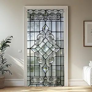 Transparent Glass Door with Retro Pattern Door Curtain Doorway Curtain Folding Room Divider Curtains for Home Restaurant Door Decor, 78x39 Inch