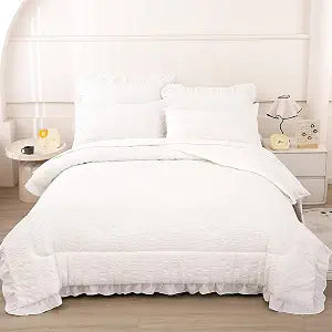 Mengersi Seersucker Comforter Set,Boho Chic Ruffled Comforter Set,Washed Microfiber Lightweight Bedding Set for All Seasons (White, Twin)