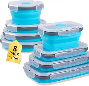 8 Pack Collapsible Food Storage Containers with Lids, Silicone Collapsible Food Containers, Collapsible Storage Containers Sets for Snack Camping RV, Microwave Freezer Dishwasher Safe, Blue