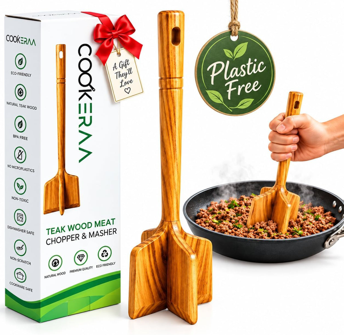 Teak Wood Meat Masher, Ground Beef Chopper & Chicken Shredder Tool