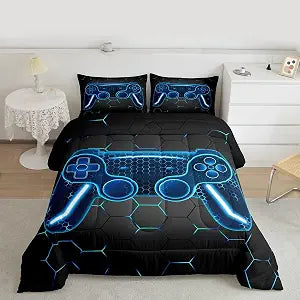 Feelyou Gaming Twin Size Bedding Sets for Kids Boys Teens Game Controller Comforter Set 2Pcs Gamer Gifts Bedding for All Season(Twin,Blue)