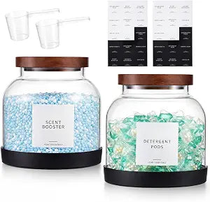 2 Pack Glass Laundry Pods Container with 30 Labels, Scoop, Base, 0.5 Gallon