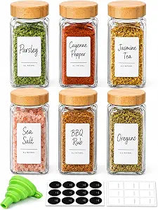 ComSaf Glass Spice Jars with Labels 4 oz 6 Pack Small Bamboo Lids