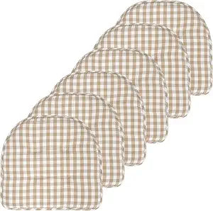 Sweet Home Collection Chair Cushion Memory Foam Pads Tufted Slip Non Skid Rubber Back U-Shaped 17" x 16" Seat Cover, 6 Pack, Checkered Taupe/White
