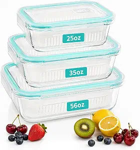 3 Pack Glass Fruit Storage Containers for Fridge, Glass Food Storage Containers with Removable Colanders and Lids, Leakproof & BPA-Free, Dishwasher Microwave Oven & Freezer Safe