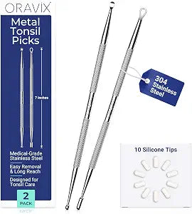 Oravix Tonsil Stone Remover Tool Pack of 2, Metal Tonsil Stone Removal Tool, 7������ Surgical-Grade Stainless Steel Metal Pick with 10 Soft Silicone Tips, Fight Bad Breath, Safe & Easy