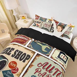 Erosebridal Vintage Car Signs Comforter Cover for Boys, Automobile Pattern Duvet Cover, Repair Vehicle Garage Bedding Set Twin Size for Kids Girls Teens, Classics Servicing Quilt Cover Bedroom Decor