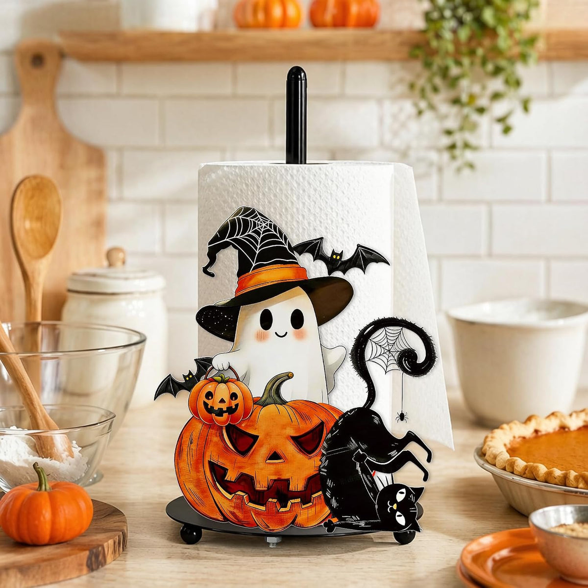 FYSUIMU Halloween Paper Towel Holder Cute Ghost Pumpkin Black Cat Metal Towel Stand Decoration Accessory for Trick or Treat Party Home Kitchen Countertop