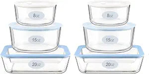 Urban Green Glass Food Container Set with Silicone Glass Lid, Square & Round Shape, 6 Pack, Airtight, LeakProof, 100% Plastic Free, Meal Prep Food Storage Containers, Blue & White Color